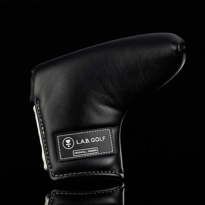 Black leather putter head cover by L.A.B. Golf, made in Creswell, Oregon, designed for optimal protection.
