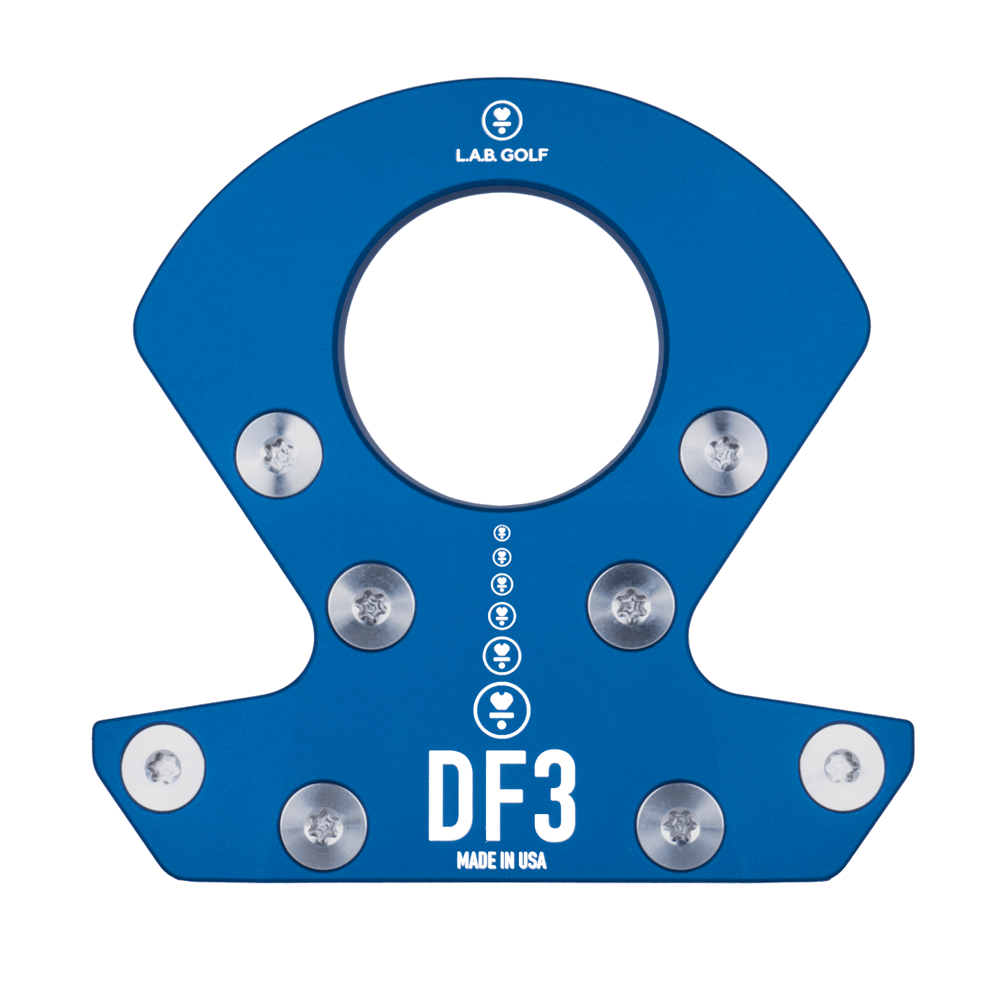 Blue DF3 custom putter head by L.A.B. Golf, featuring precision weight adjustments and Made in USA label.