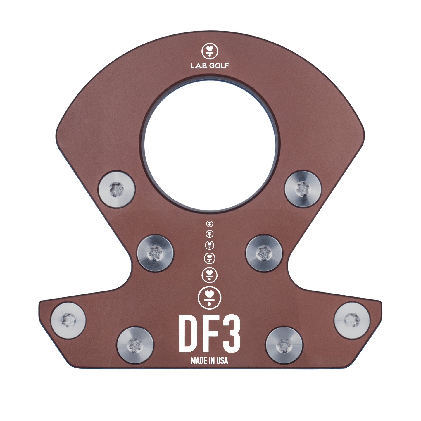 L.A.B. Golf DF3 custom putter top view with stainless steel weights, ideal for precision putting.
