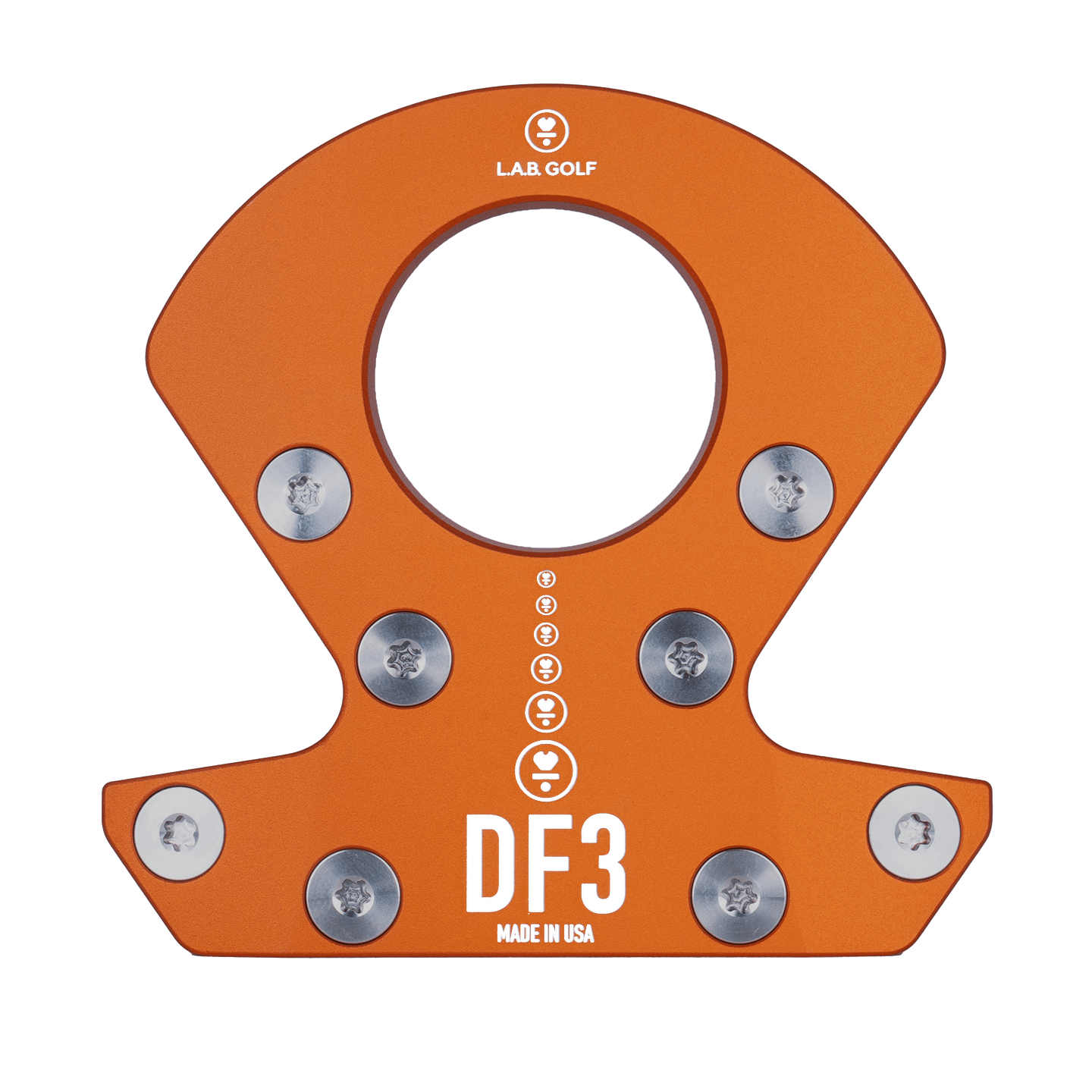 L.A.B. Golf DF3 custom putter head in orange with adjustable weights, made in USA.