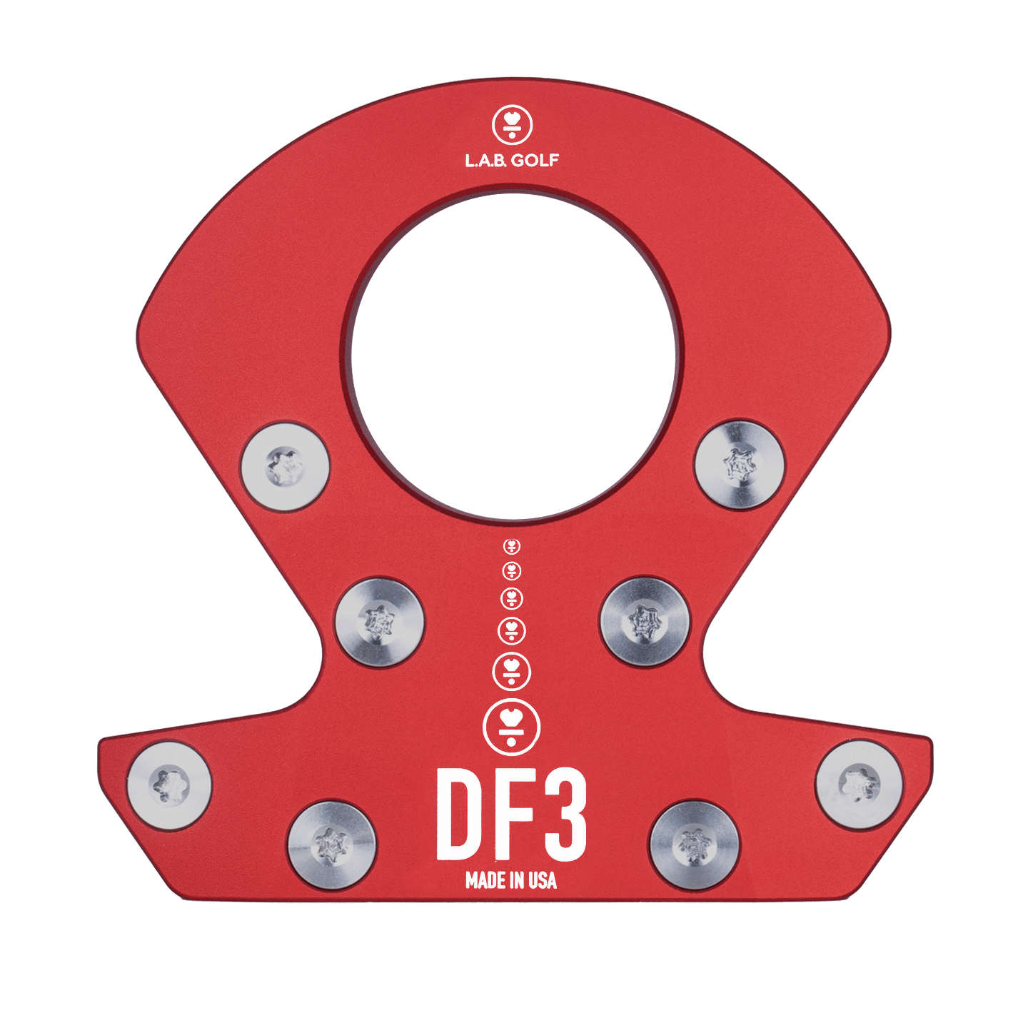 L.A.B. Golf DF3 Custom Putter in red with adjustable weights, designed for optimal performance and forgiveness.