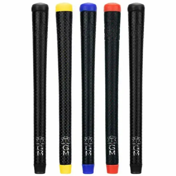 Five Master sewn golf grips in black with colorful ends, designed for enhanced traction and control.