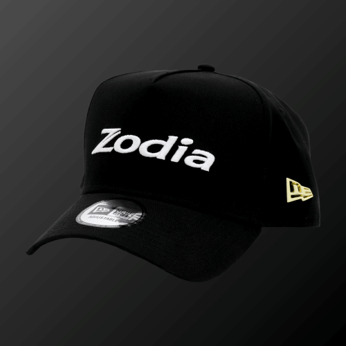 Zodia Metal Badge Cap featuring embroidered logo and New Era flag logo in black fabric
