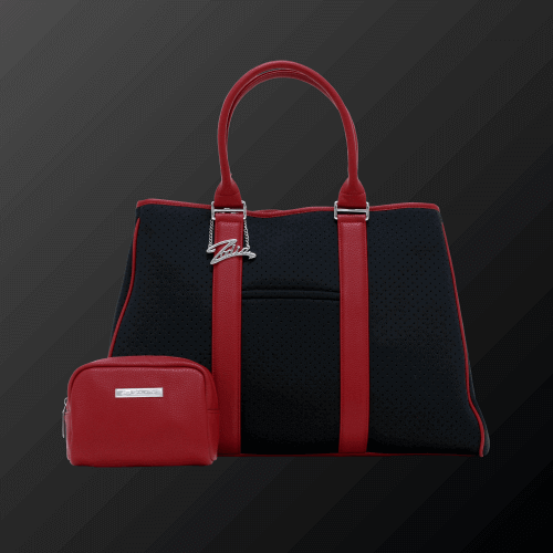 Zodia Neoprene Tote Bag in black and red with matching pouch, stylish and durable for work, gym, and travel.