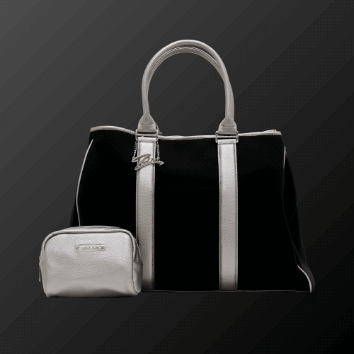Zodia Neoprene Tote Bag Boston in black with silver handles and matching pouch for versatile styling and practicality.