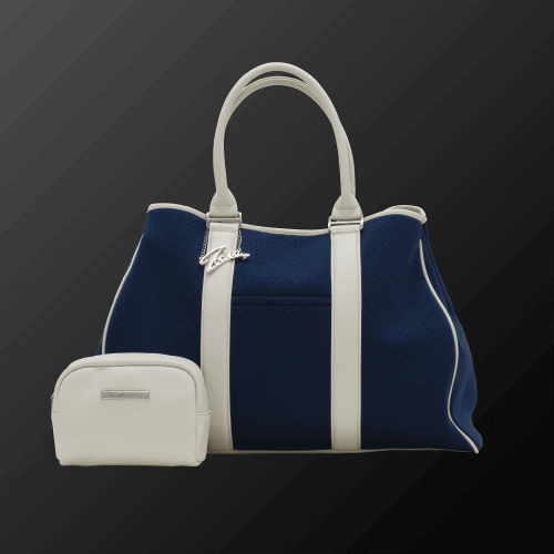 Zodia Neoprene Tote Bag in navy with white accents and matching pouch, stylish and durable for various occasions.