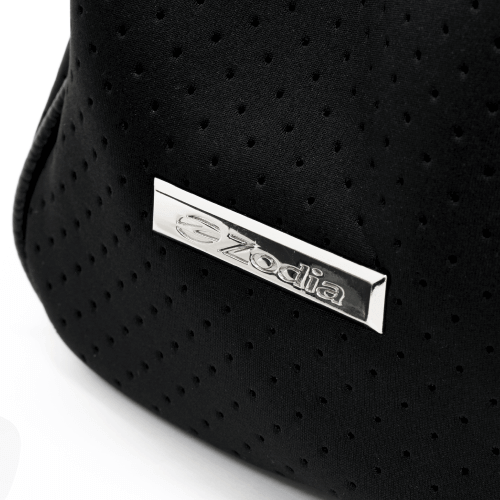 Close-up of Zodia Neoprene Tote Bag showing the brand logo on stylish black material.