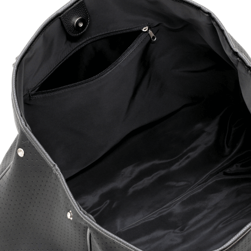 Interior view of Zodia Neoprene Tote Bag Boston, showcasing water-repellent satin fabric and zippered pocket.