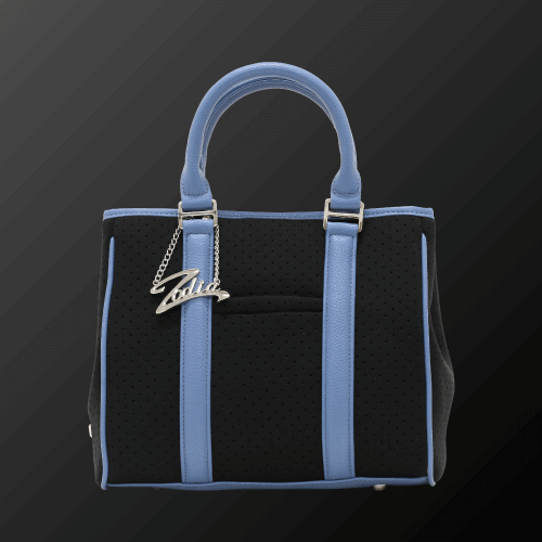 Zodia Neoprene Tote Bag Mini in black and blue, featuring durable material, exterior pocket, and stylish design.