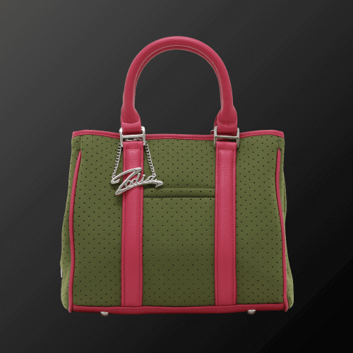 Zodia Neoprene Mini Tote Bag in green with pink straps, featuring an exterior pocket and stylish design suitable for everyday use.