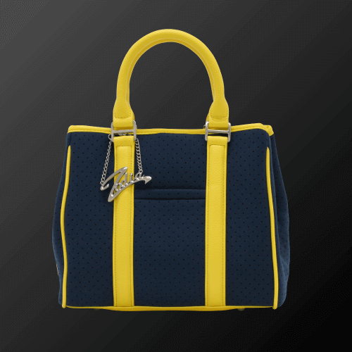 Zodia Neoprene Tote Bag Mini in navy blue and yellow with exterior pocket and vibrant design