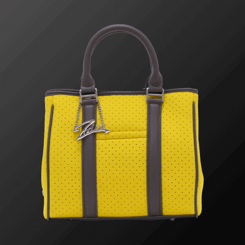 Zodia Neoprene Tote Bag Mini in vibrant yellow with dark brown accents and perforated design, ideal for everyday use.