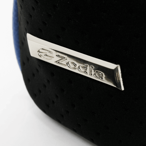 Close-up of the Zodia logo on a neoprene tote bag, showcasing its stylish design and quality craftsmanship.
