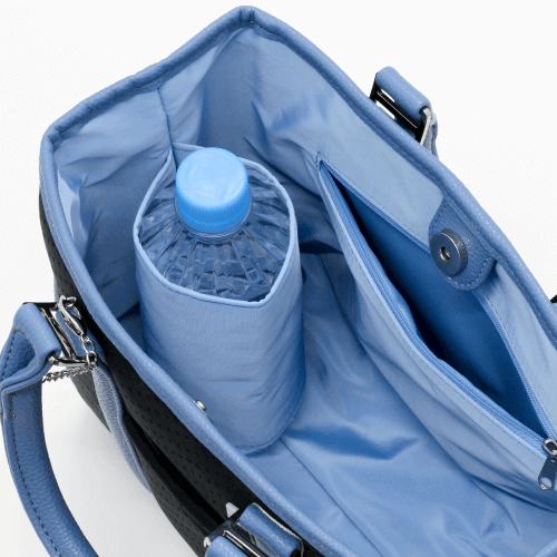 Inside view of Zodia Neoprene Tote Bag Mini, featuring a water bottle holder and spacious pockets.