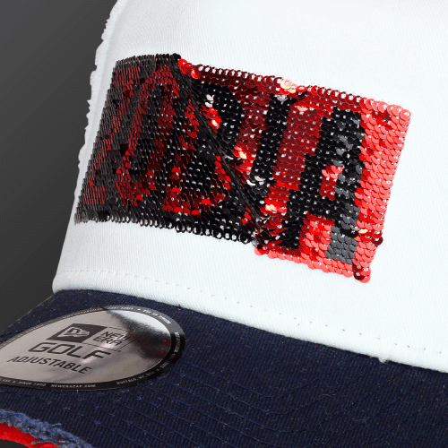 Zodia x NEW ERA 9FORTY cap featuring reversible sequin logo design in tricolor, adjustable fit, and stylish cotton material.