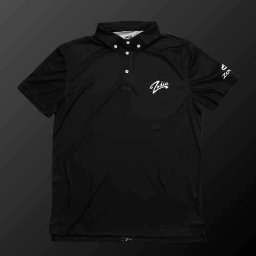 Zodia Splash Polo Shirt in black color, featuring silicone logo and button-down design, perfect for summer wear.