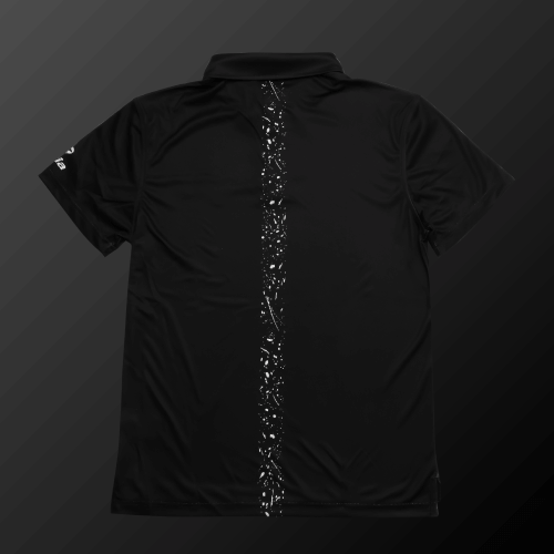 Zodia Splash Polo Shirt in black with vertical splash design on back, perfect summer wear with cooling material.
