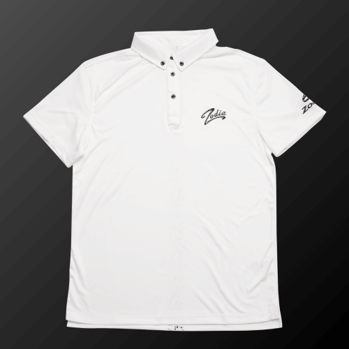 Zodia Splash Polo Shirt in white with silicone logo, button-down style and cooling material for summer wear.