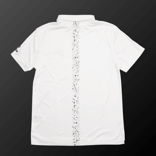 Back view of Zodia Splash Polo Shirt in monotone, featuring a unique splash design and silicone logo on sleeves.