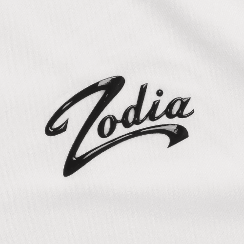 Zodia logo in glossy black on a white fabric, showcasing brand identity for the Zodia Splash Polo Shirt.