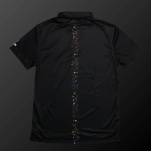 Zodia Splash Polo Shirt in black with colorful vertical splash design on the back, perfect for summer wear.