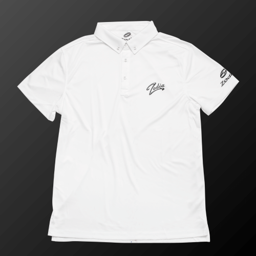 Zodia Splash Polo Shirt in white, featuring a stylish design and silicone logo, perfect for summer wear.