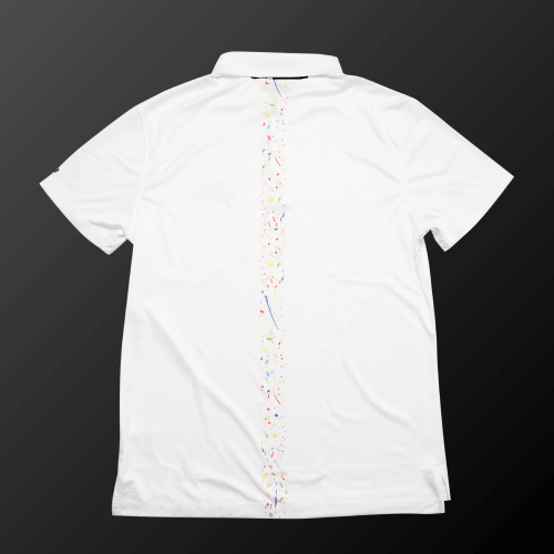 Zodia Splash Polo Shirt showcasing colorful vertical splash design at the back, perfect for summer wear.