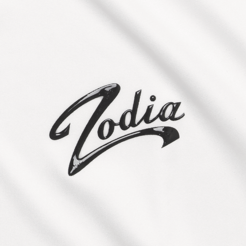 Zodia logo in stylish black design on a white fabric, showcasing the brand's identity for polo shirts.