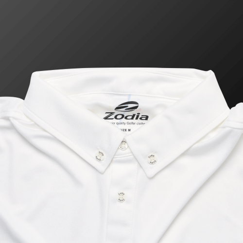 Zodia white polo shirt collar with logo, designed for comfort and style in summer golf attire.