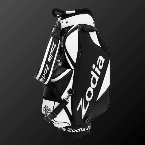 Zodia Standard Caddie Bag in black and white featuring a stylish design and ample storage for golf accessories.