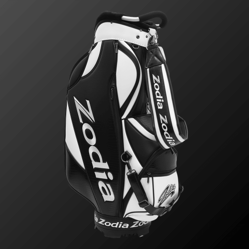 Zodia Standard Caddie Bag in black and white with caiman pattern and ample storage for golf essentials.
