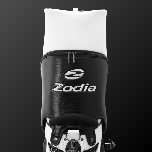 Zodia Standard Caddie Bag showcasing luxury caiman pattern in black and white design, featuring the Zodia logo.