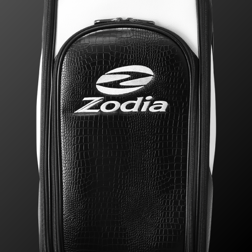 Zodia Standard Caddie Bag featuring a chic caiman pattern and logo, showcasing a stylish black and white design.