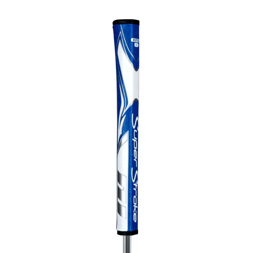 SuperStroke Zenergy Pistol putter grip in blue and white, featuring No Taper Technology for better grip control.