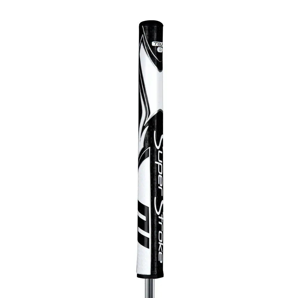 SuperStroke Zenergy Tour 1.0 putter grip in white and black, designed for a consistent stroke and grip pressure reduction.