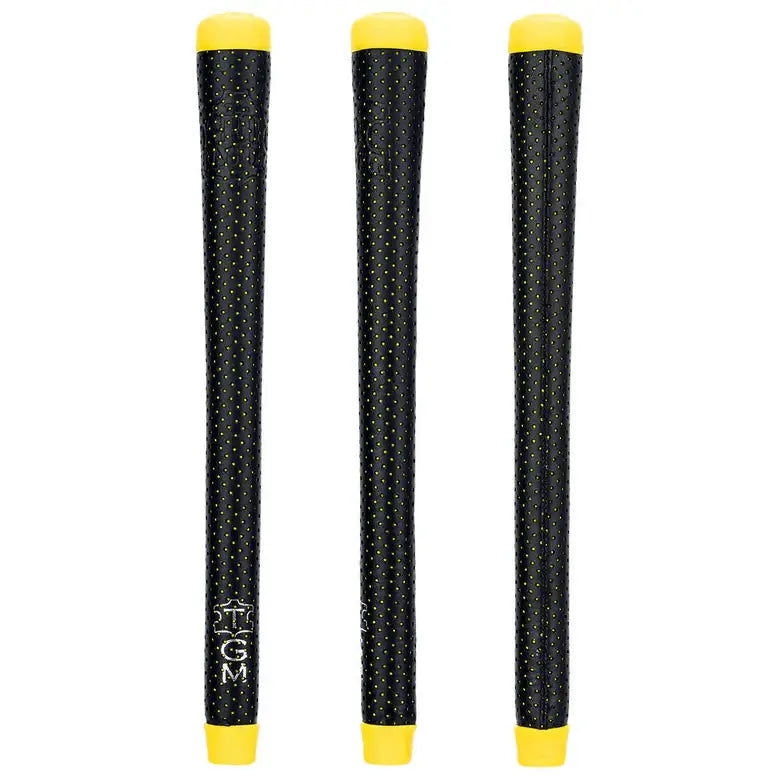 Three Master Sewn black golf grips with yellow ends, featuring aggressive perforation for optimal traction and control.