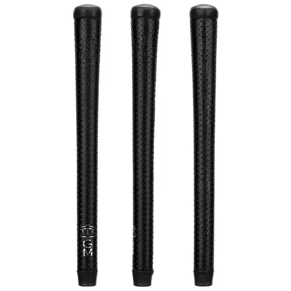 Master Sewn Black Swinger Grips featuring aggressive perforation for enhanced traction and control in all weather.