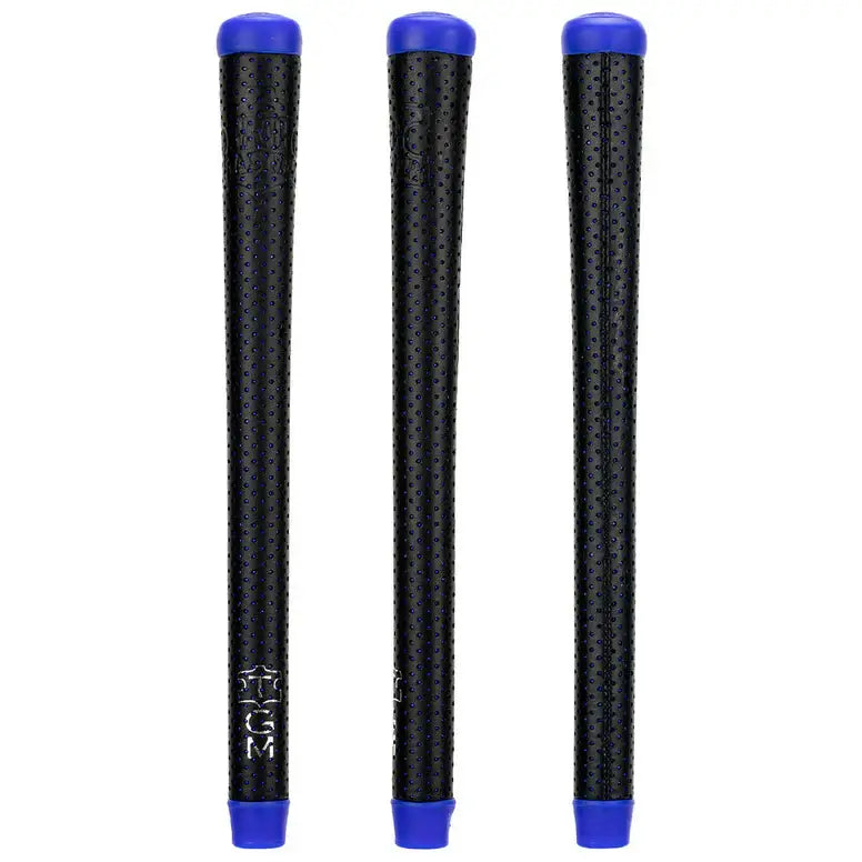 Black Master Sewn golf grips with blue caps, featuring aggressive perforation for improved traction and control.