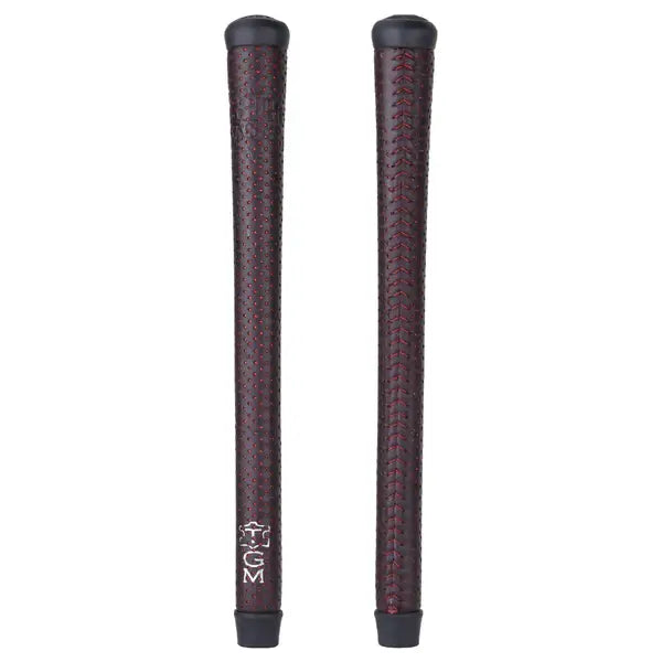 Large perforated cowhide grips in Uluru/red lace with tackifier for enhanced traction and control.