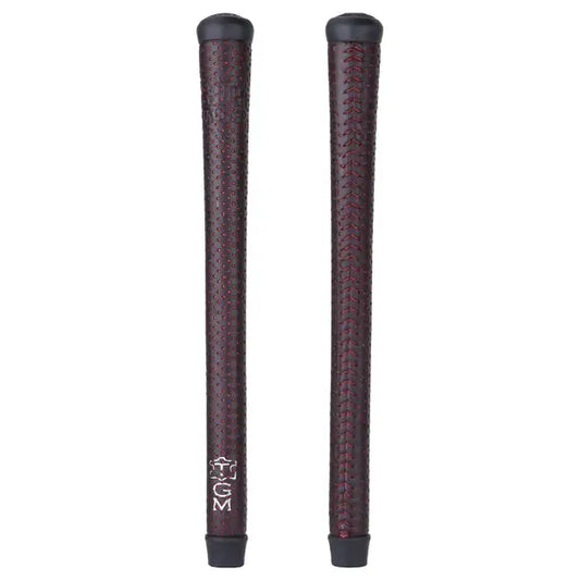 Large perforated cowhide grips in Uluru/red lace with tackifier for enhanced traction and control.
