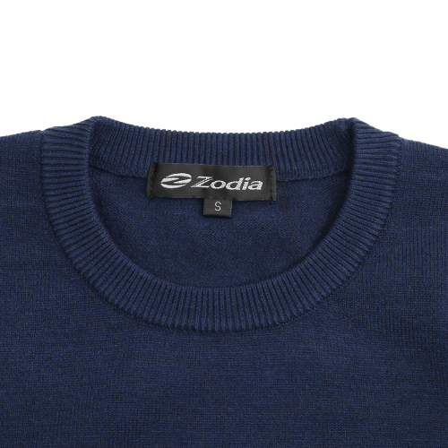 Zodia crewneck sweater close-up, showcasing navy color and logo detail, ideal for stylish everyday wear.