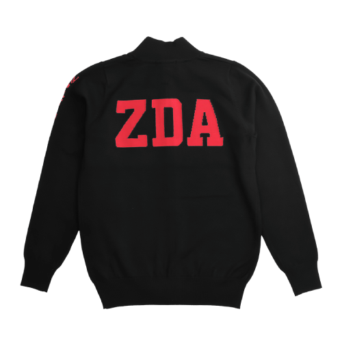 Zodia zip-up sweater in black featuring bold red ZDA logo on back and stylish crew neck design.