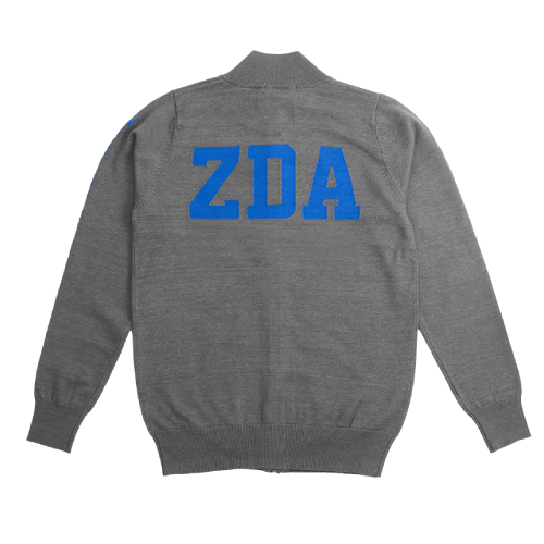 Zodia Zip-Up Sweater in gray with big ZDA logo on back and blue accents, perfect for casual and sportswear.