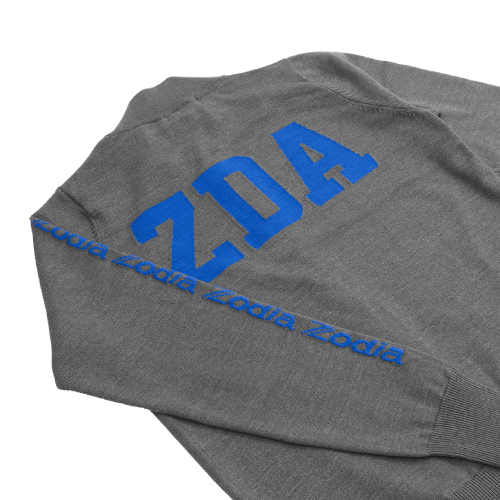 Zodia Zip-Up Sweater showing grey fabric with blue logo on back and sleeve, emphasizing stylish design and functionality.