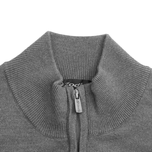 Zodia Zip-Up Sweater close-up showcasing stylish gray knit design and zip collar for timeless functionality.