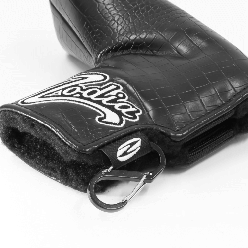 Zodia Caiman Print Putter Cover showing iconic design and secure attachment clip, ideal for protecting various putter heads.
