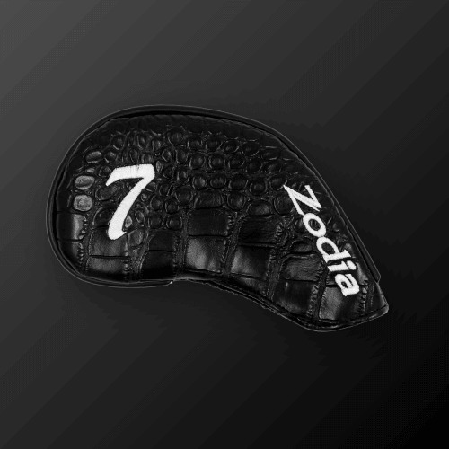 Zodia Iron Cover in black PU leather, featuring a stylish crocodile pattern and embroidered '7' for easy identification.