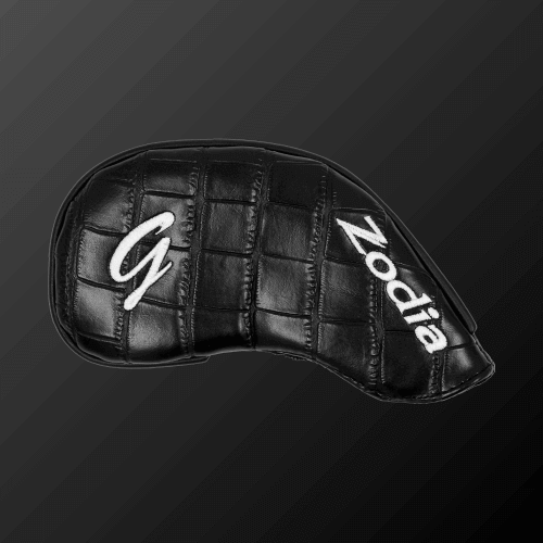 Zodia Iron Cover in black PU leather, designed for easy wear and protection for golf clubs.