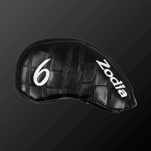 Zodia Iron Cover in black leather with white embroidery, designed for easy wear and protection for irons and wedges.