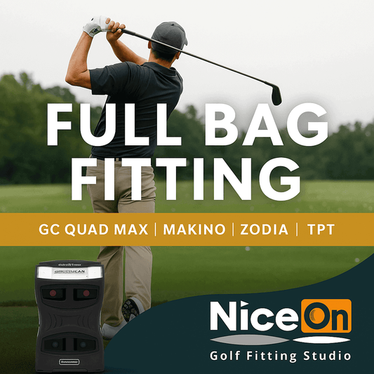 Golfer swing during a full bag fitting session at NiceOn Golf Fitting Studio, featuring various equipment brands.
